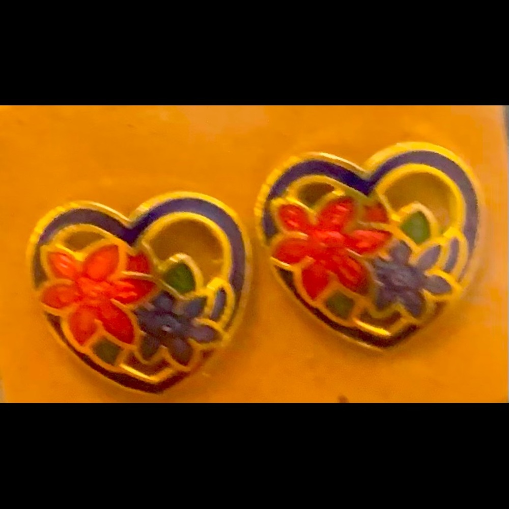 VINTAGE CLOISONNÉ POST STUD EARRINGS BRIGHT ROYAL BLUE HEART WITH FLOWERS
